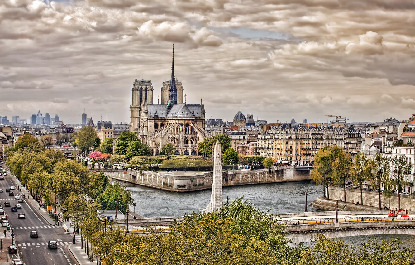 Photo wallpaper road, machine, the sky, clouds, bridge, the city, river, France