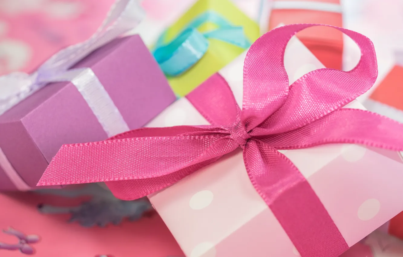 Photo wallpaper pink, holiday, box, gift, tape, gifts, bows, bow