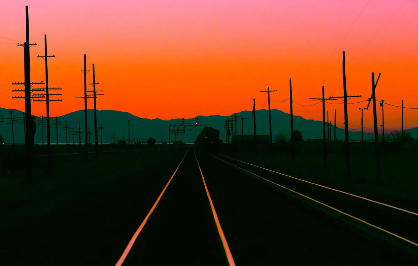 Photo wallpaper mountains, posts, rails, silhouette, glow