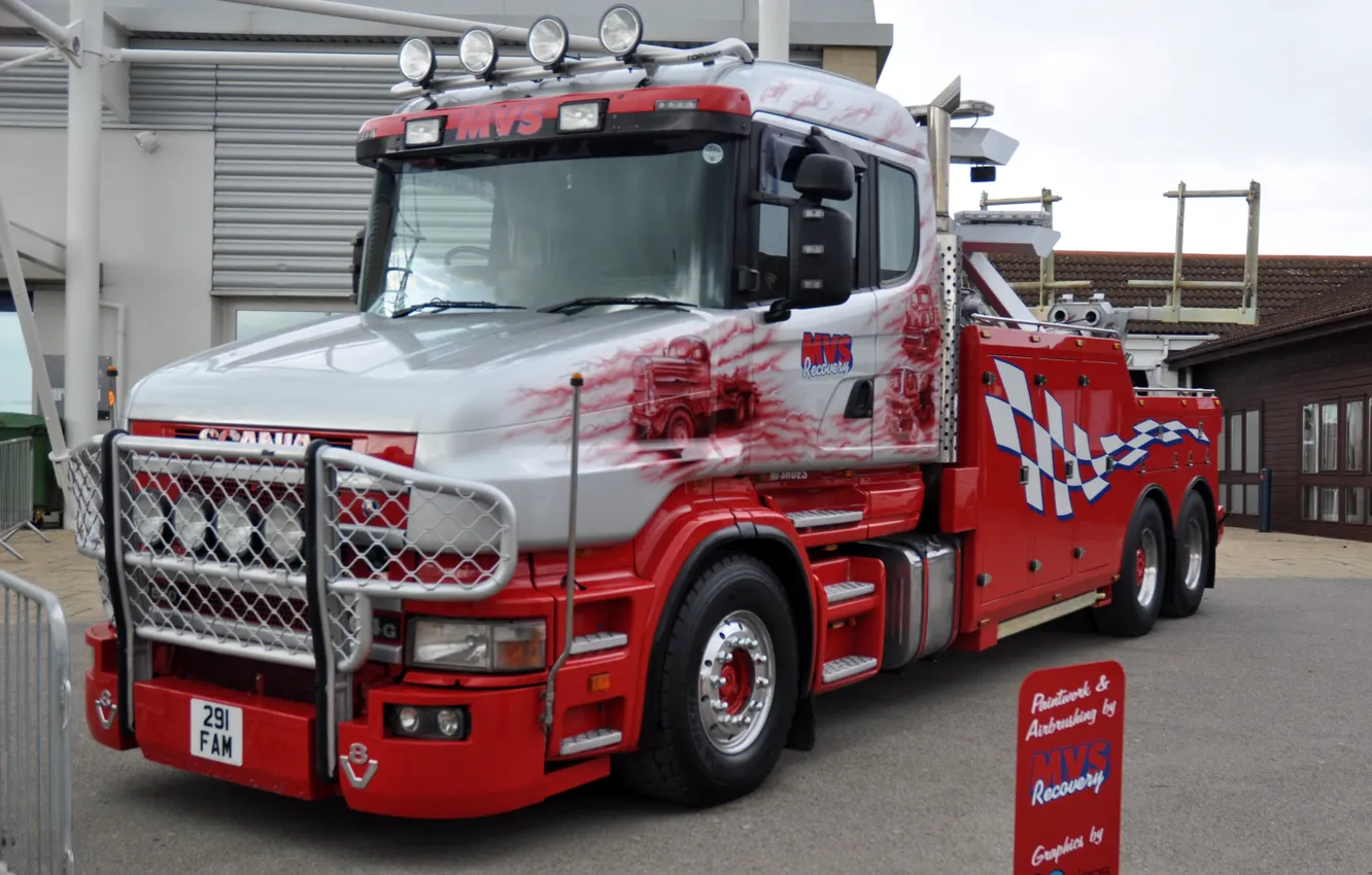 Photo wallpaper Red, White, Truck, Scania, Tow Truck, Scania T