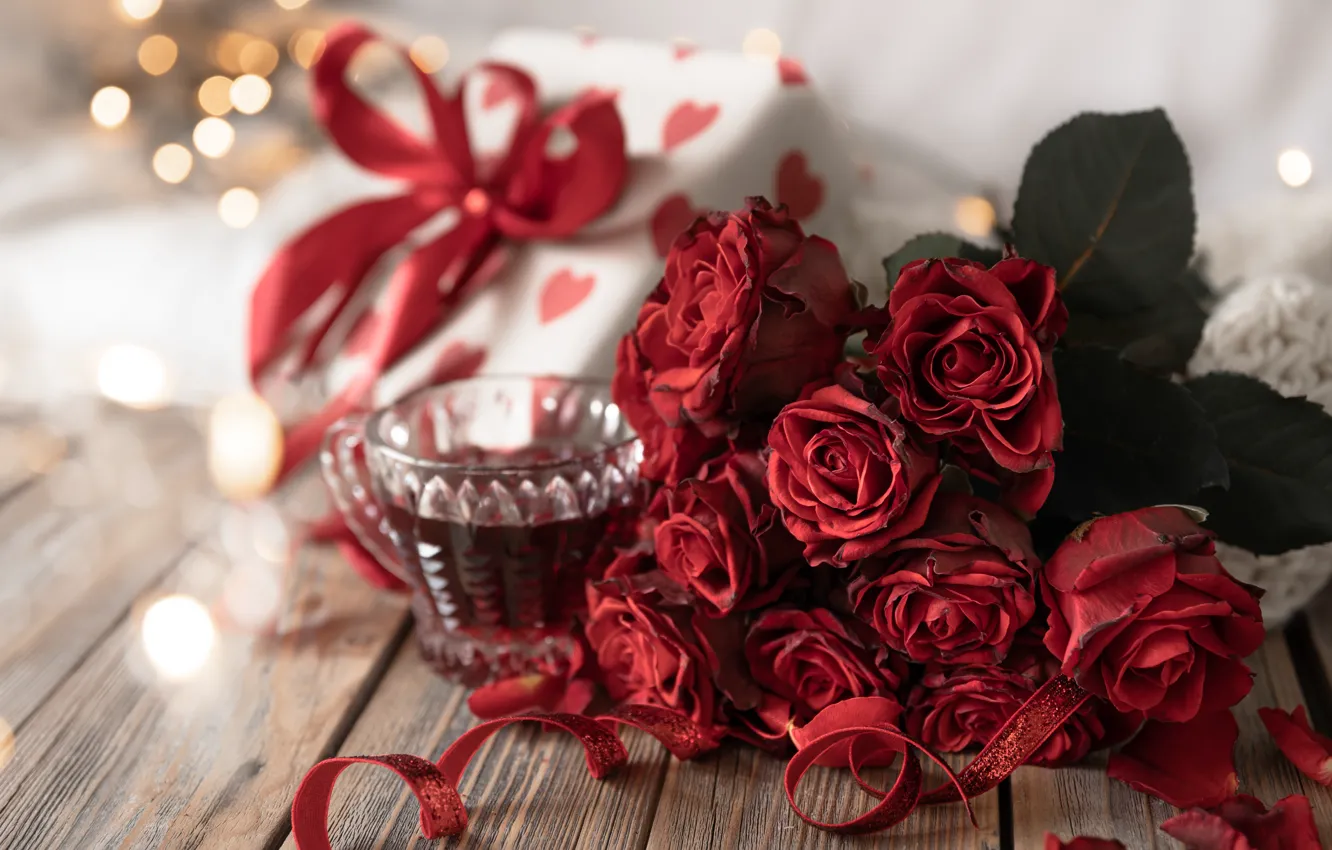 Photo wallpaper flowers, heart, roses, bouquet, red, heart, Valentine's Day, Valentine's day