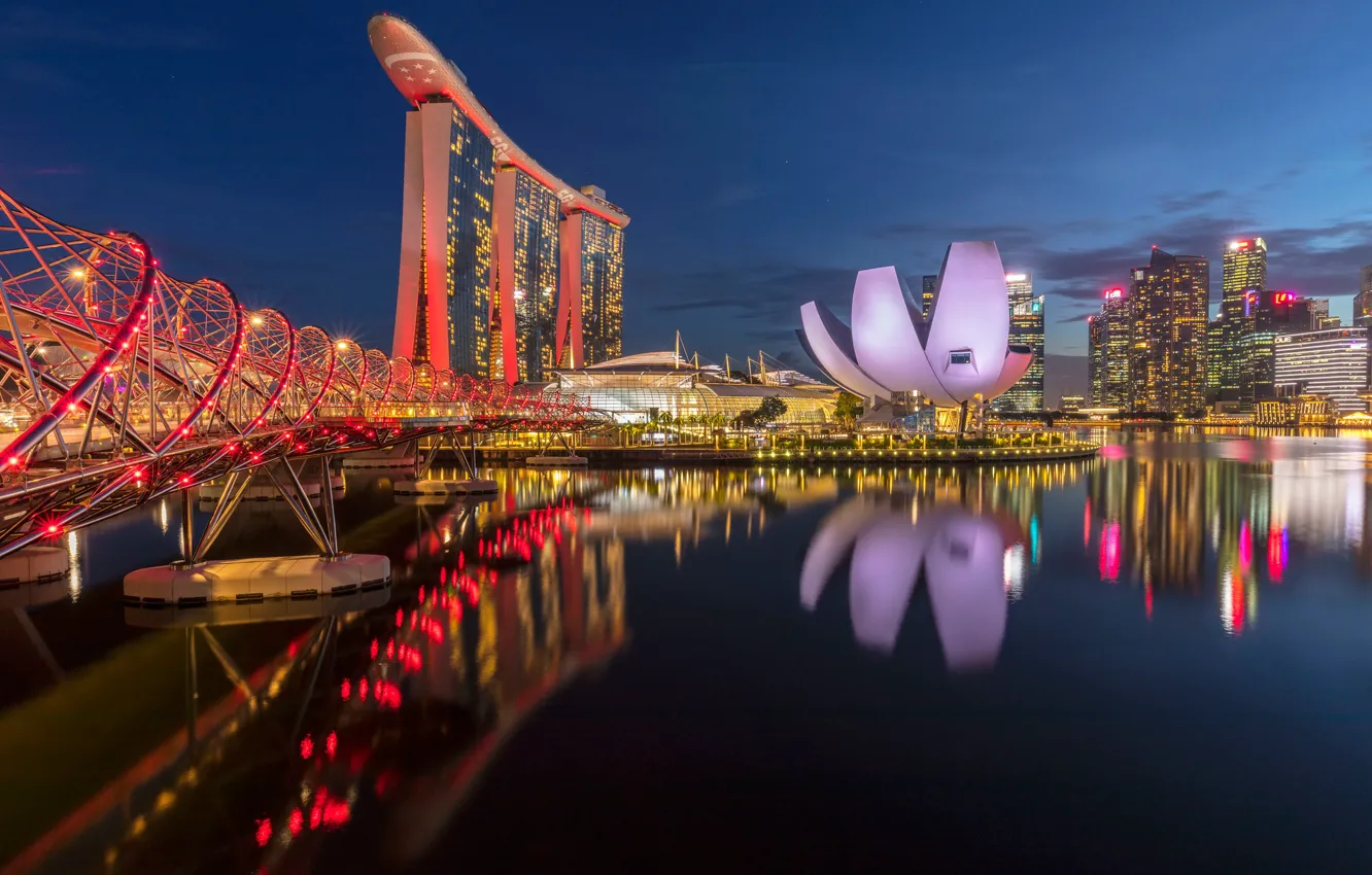 Photo wallpaper bridge, reflection, building, Bay, Singapore, night city, Singapore, Marina Bay Sands