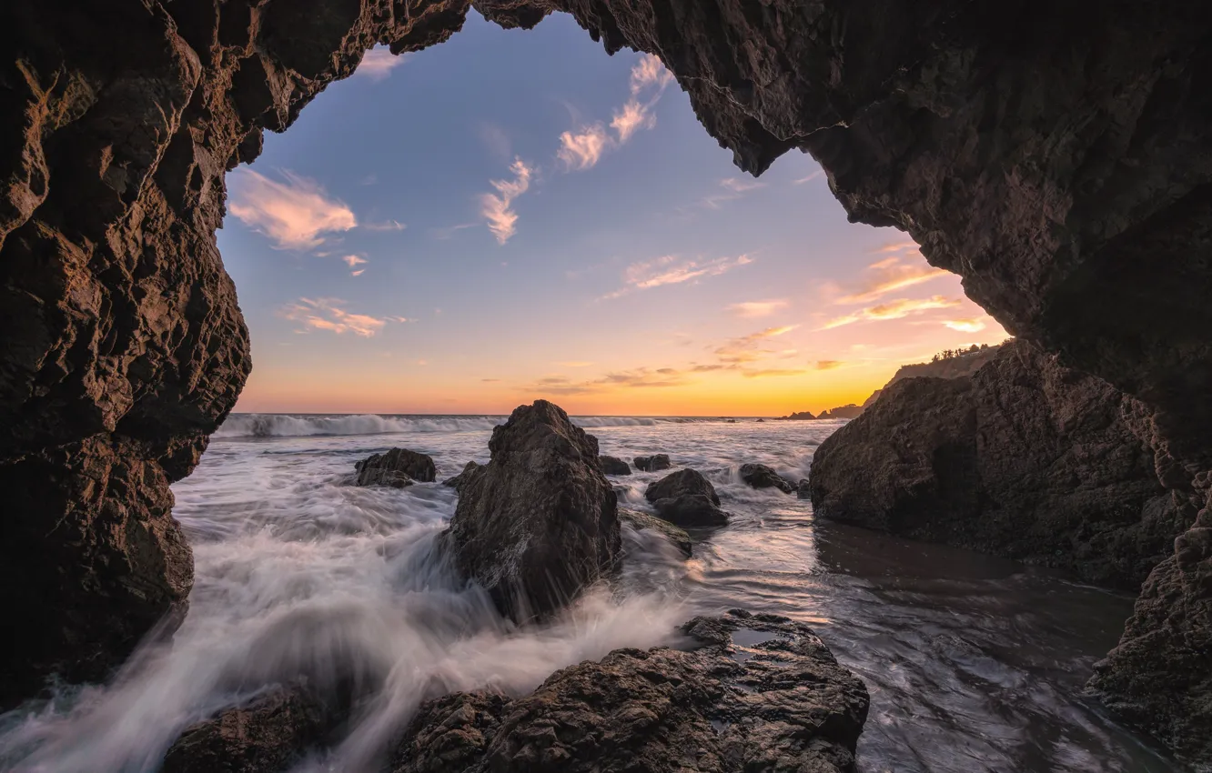 Photo wallpaper sea, the sky, rocks, dawn
