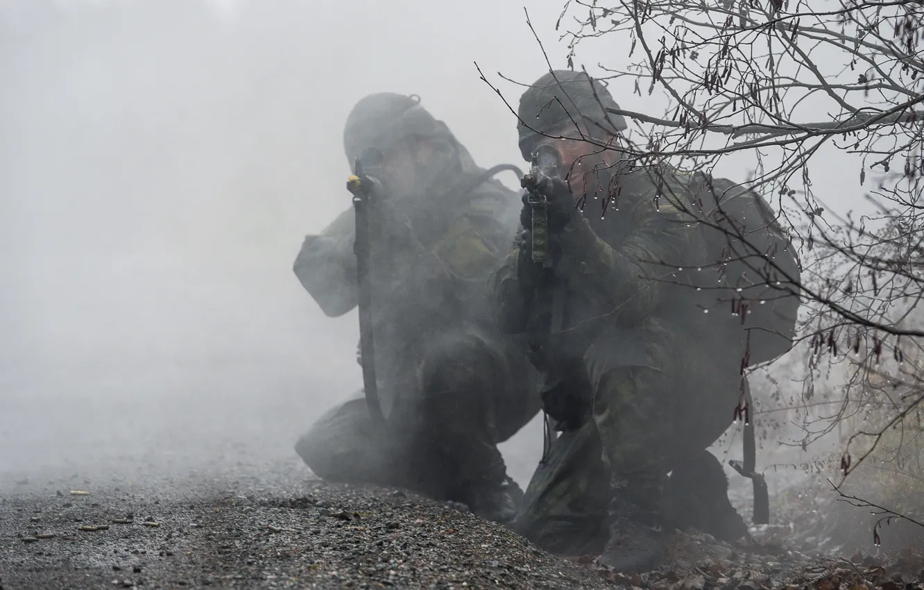 Photo wallpaper fog, weapons, soldiers