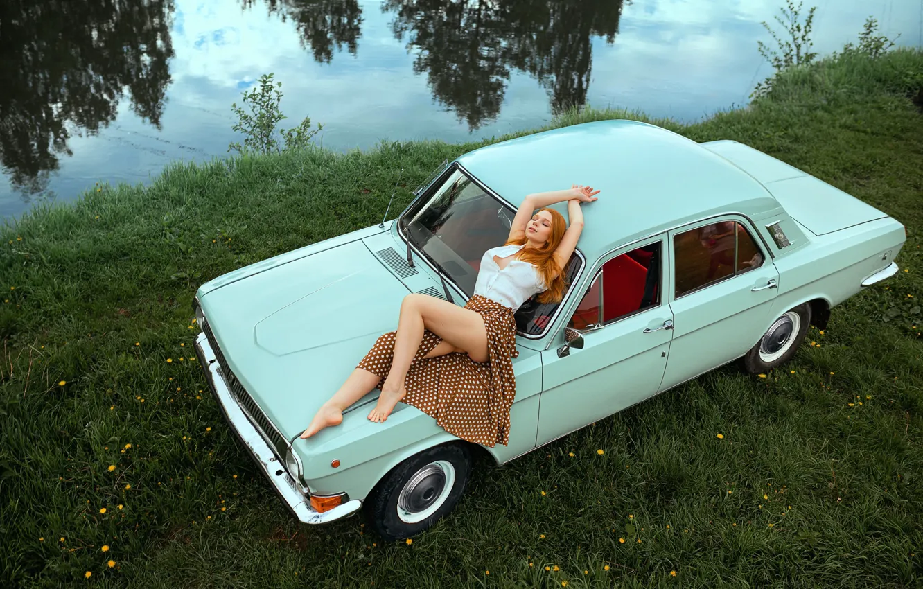 Photo wallpaper machine, auto, girl, pose, skirt, red, legs, redhead