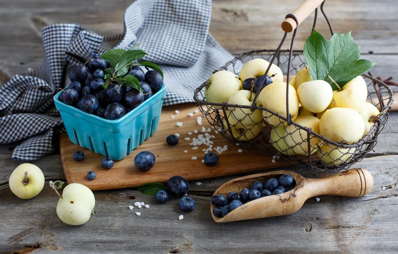 Photo wallpaper berries, basket, apples, blueberries, dishes, fruit, basket, plum