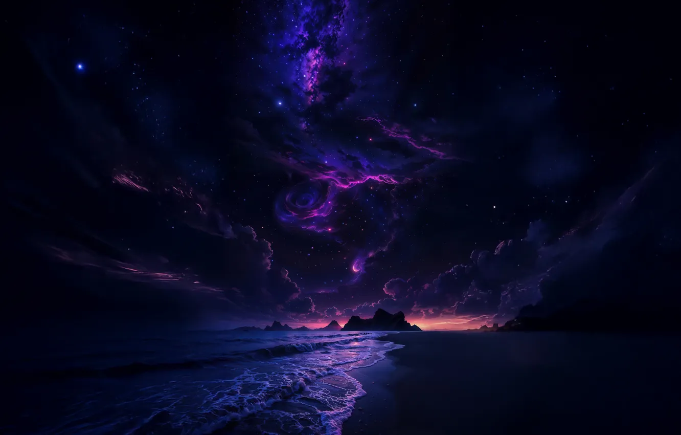 Photo wallpaper sea, beach, purple, the sky, horizon, beach, sky, sea