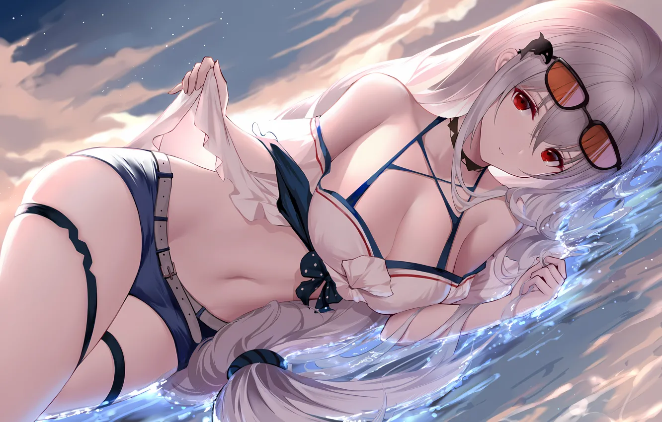 Photo wallpaper girl, sexy, cleavage, beach, shorts, long hair, boobs, anime