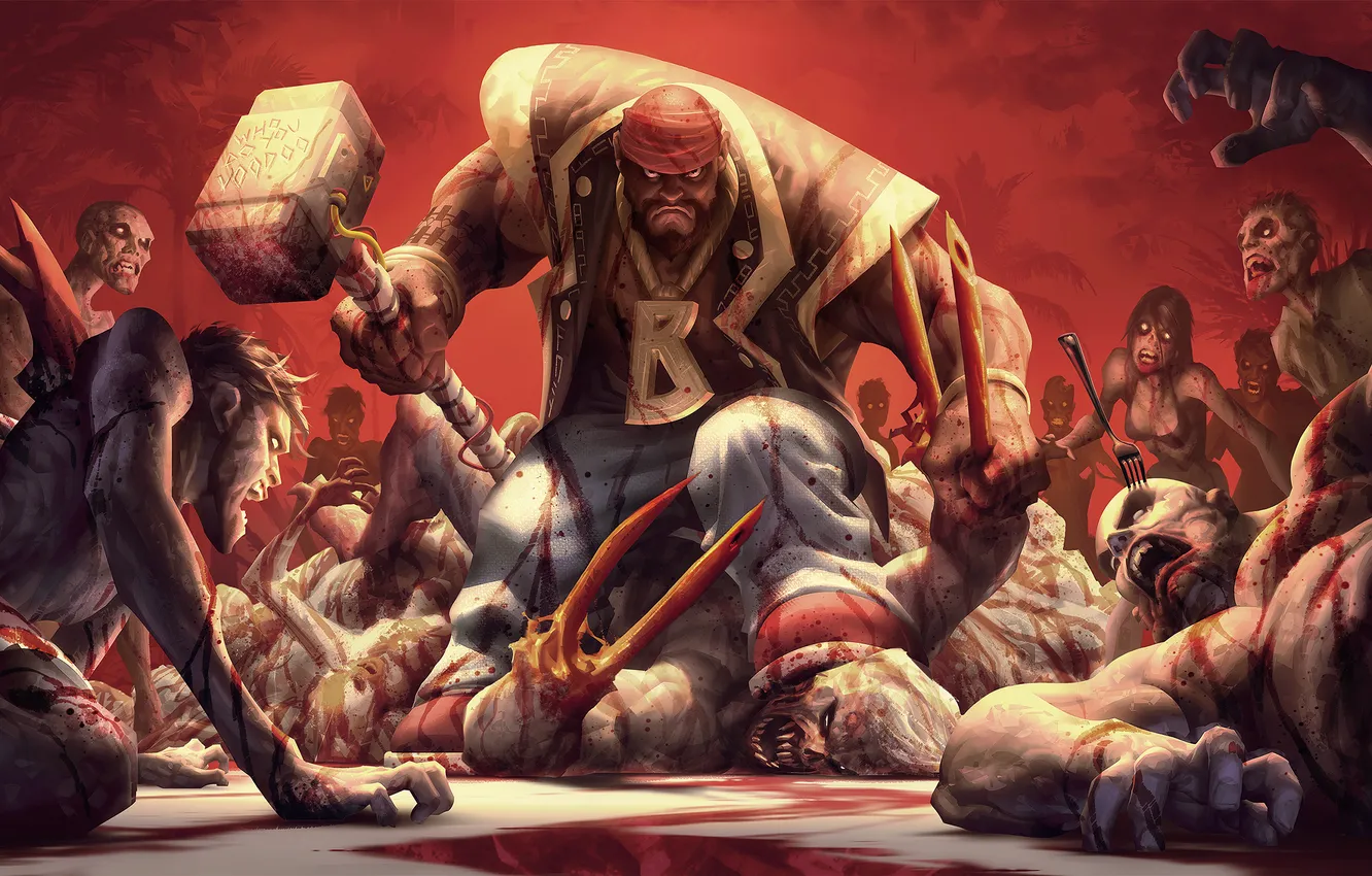 Photo wallpaper look, palm trees, blood, hammer, zombies, plug, corpses, Deep Silver