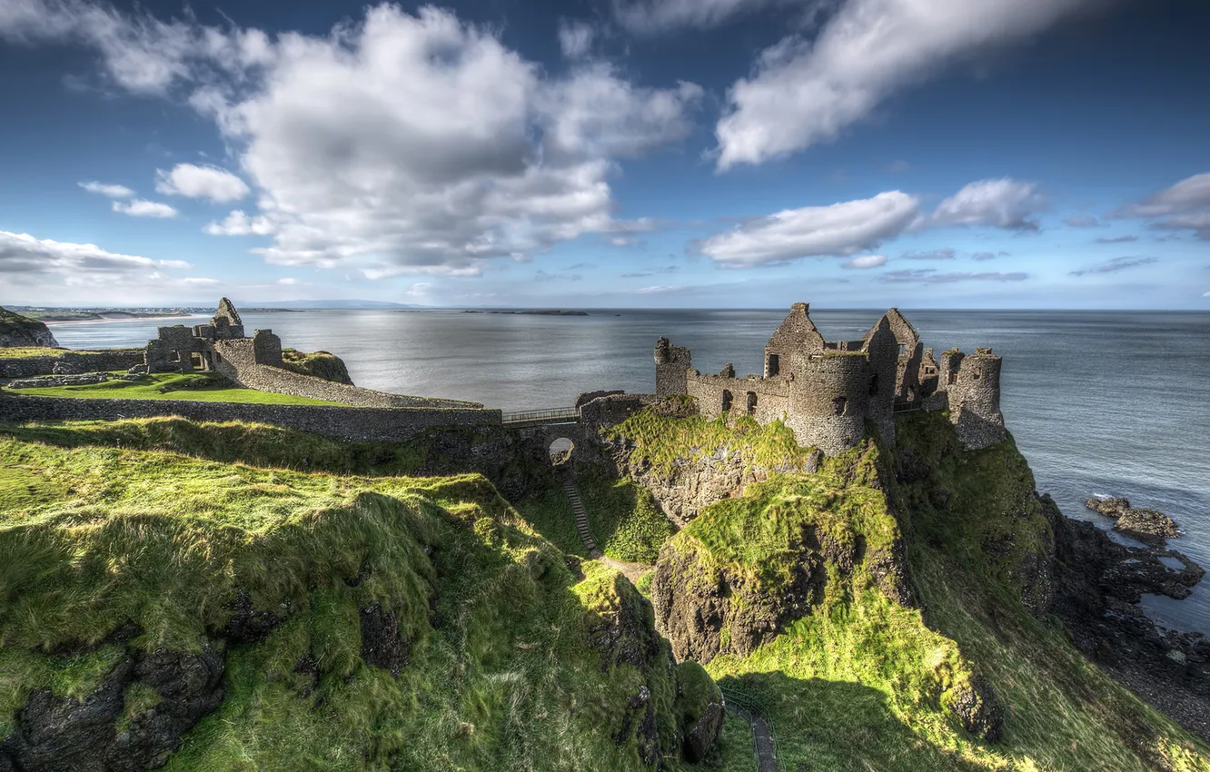 Photo wallpaper rock, coast, Ireland, medieval, Atlantic Ocean, dunluce castle