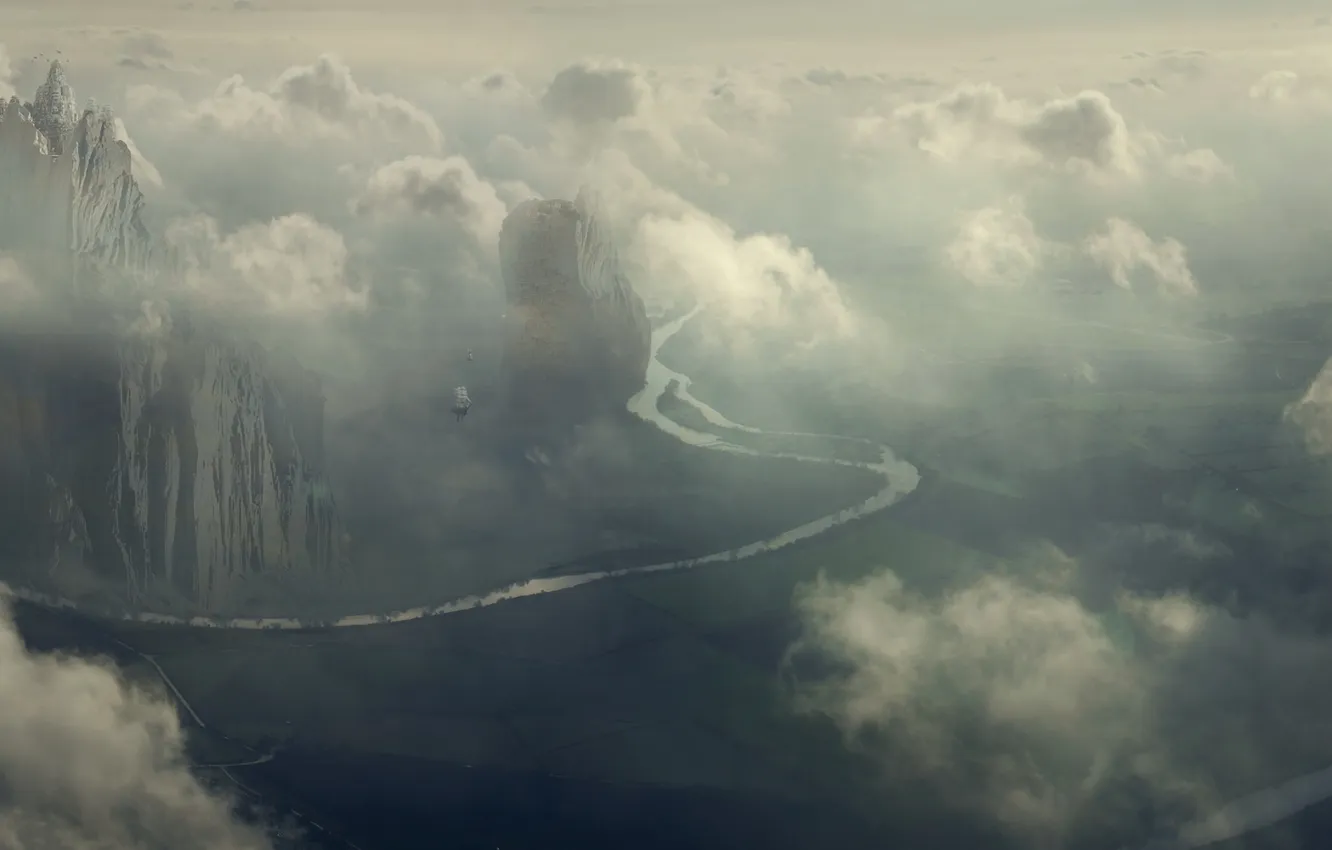 Photo wallpaper rocks, wide, flying ship