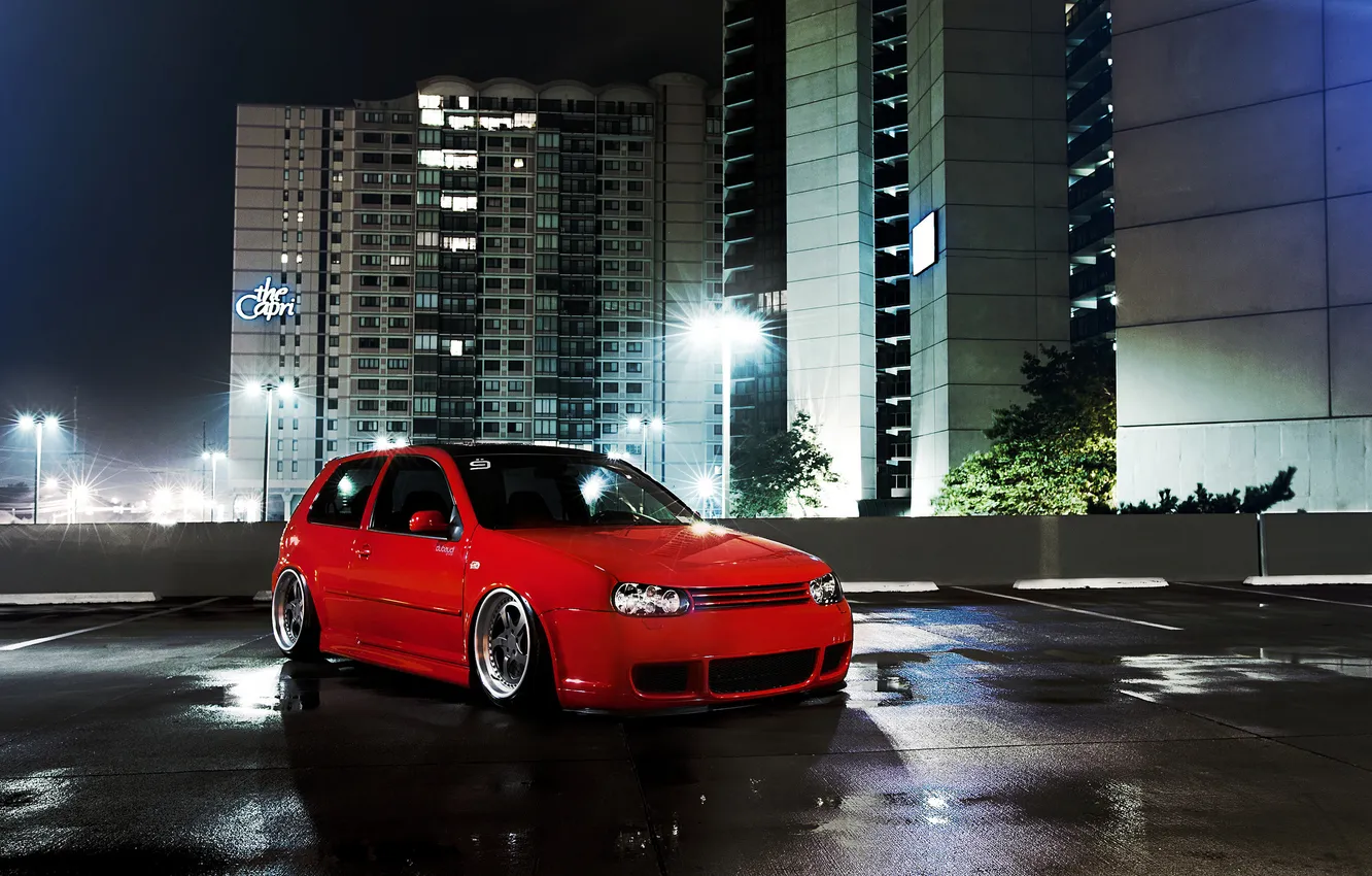 Photo wallpaper red, the city, Volkswagen, red, Golf, golf, Volkswagen, stance