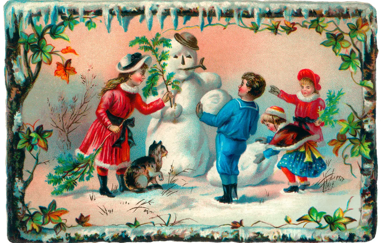 Photo wallpaper winter, cat, children, girls, boy, snowman, postcard