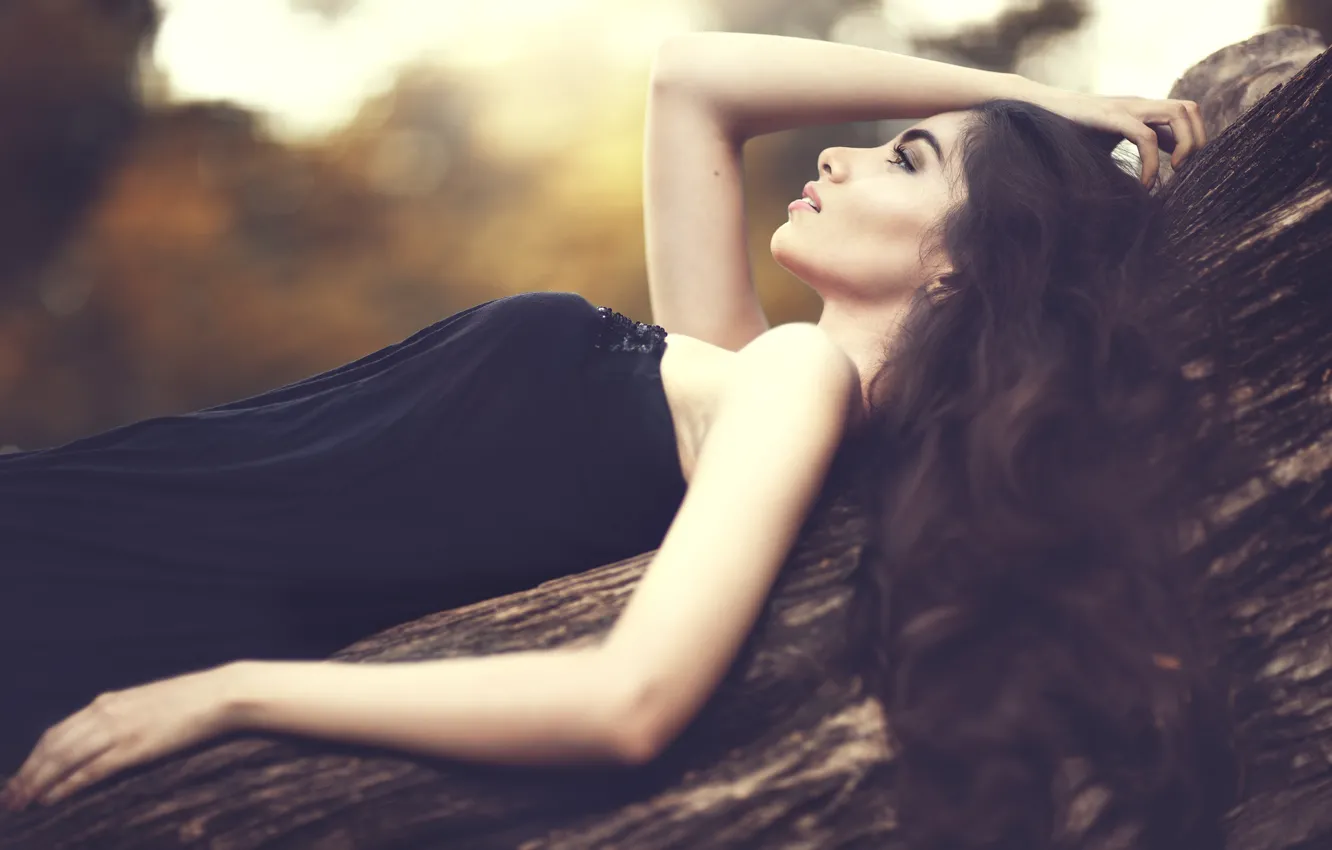 Photo wallpaper girl, trees, dress, brunette, trunk, profile, shoulders