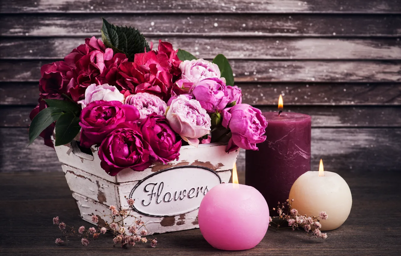 Photo wallpaper flowers, roses, candles, hydrangea, THE OFF