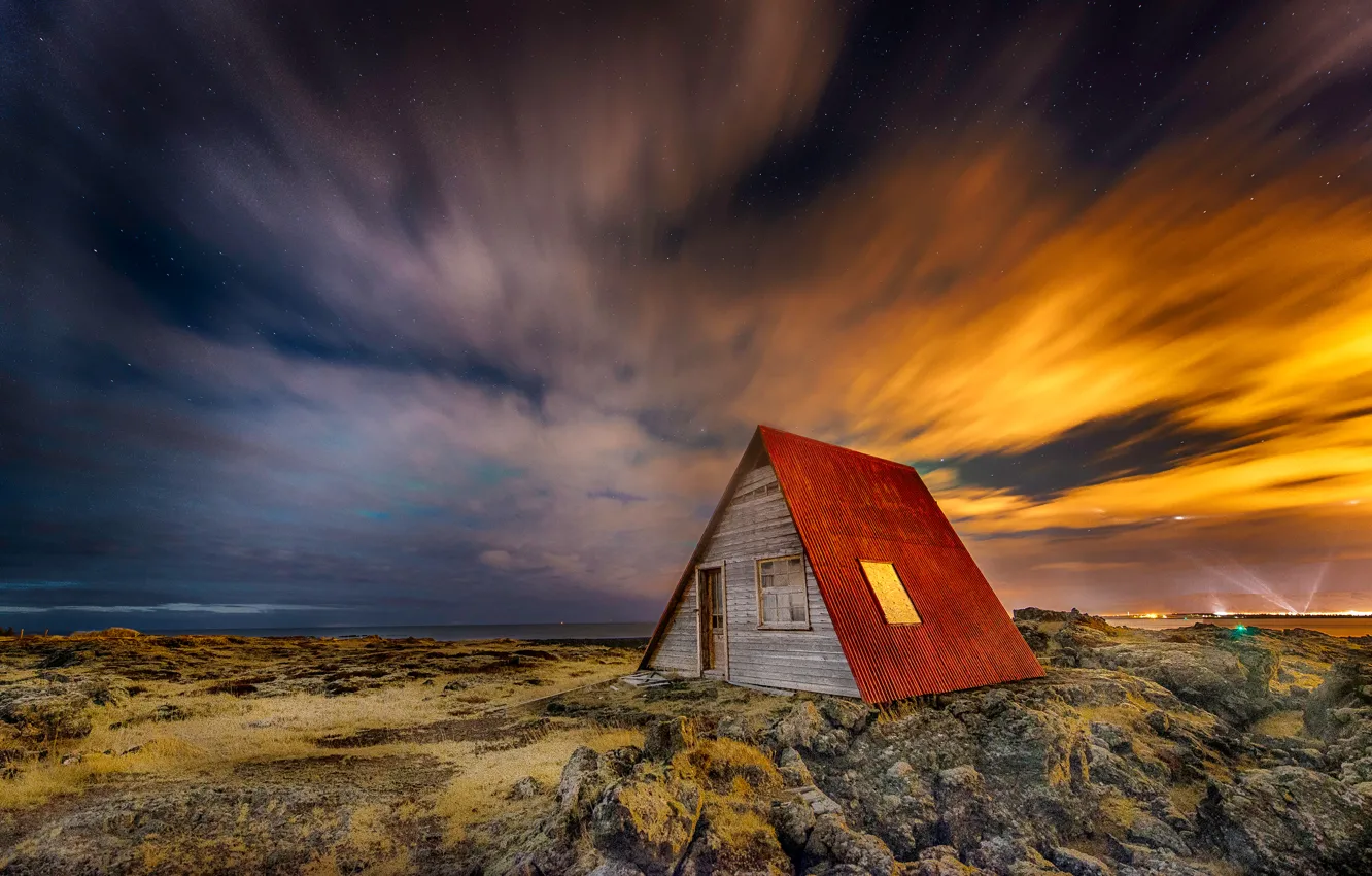 Photo wallpaper the sky, stars, light, night, house, Iceland, Larry Gerbrandt photography