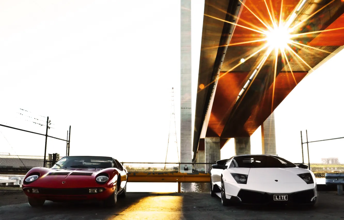 Photo wallpaper white, red, bridge, the fence, support, red, white, lamborghini