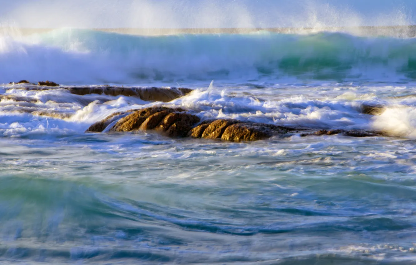 Photo wallpaper sea, wave, the sky, squirt, storm, stones