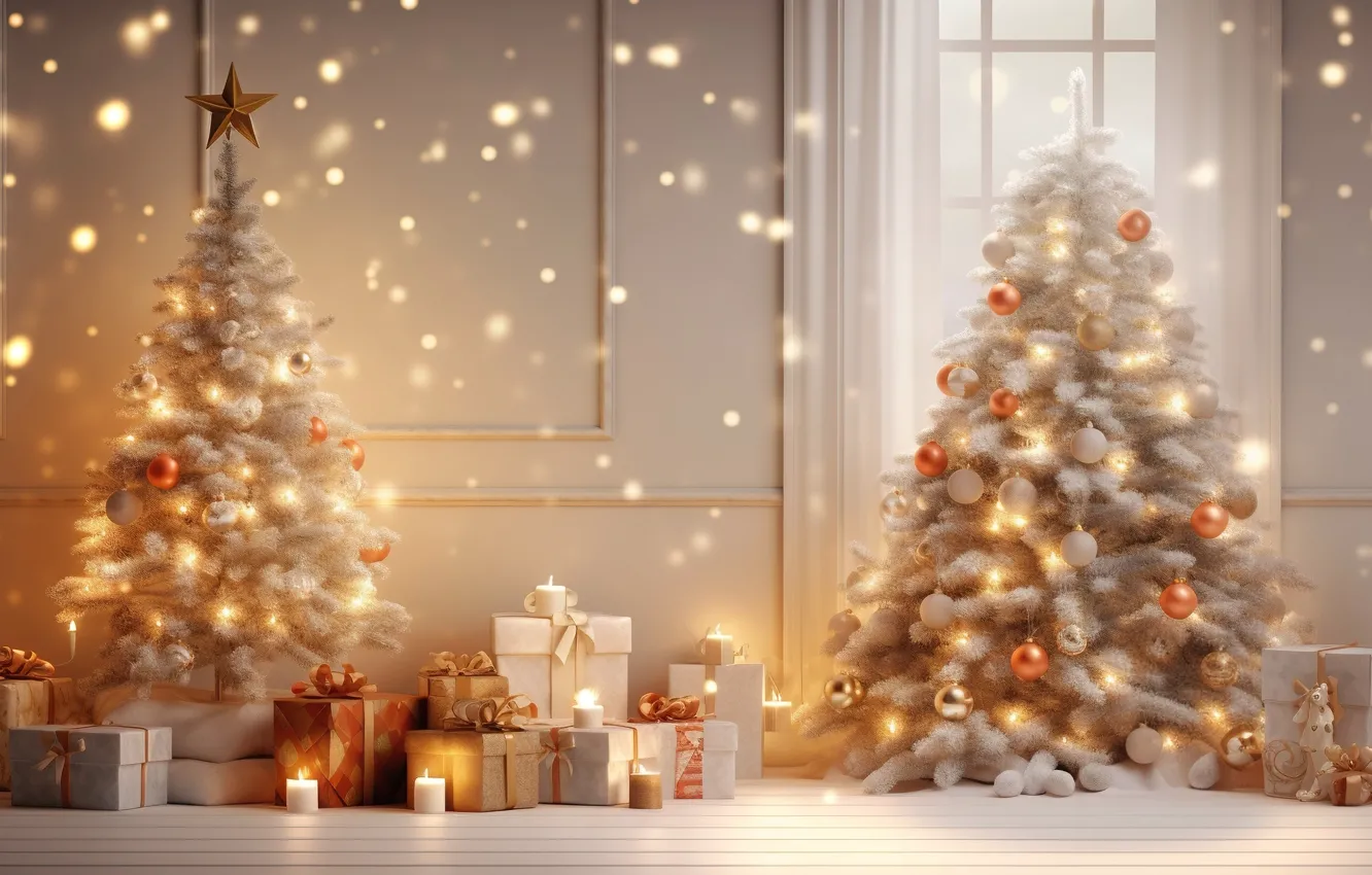 Photo wallpaper decoration, gift, balls, tree, new year, colorful, Christmas, golden