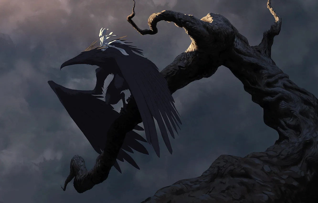 Photo wallpaper girl, trees, branches, bird, wings, Raven