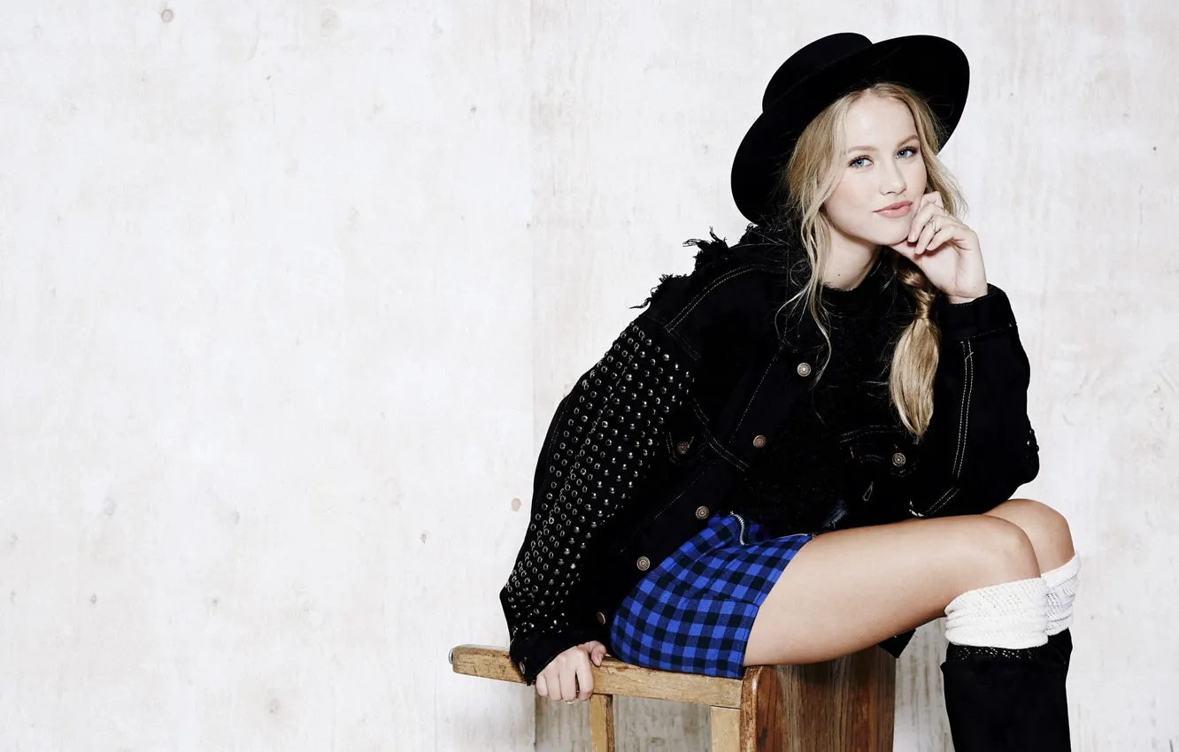 Photo wallpaper long hair, dress, legs, hat, blue eyes, winter, model, women
