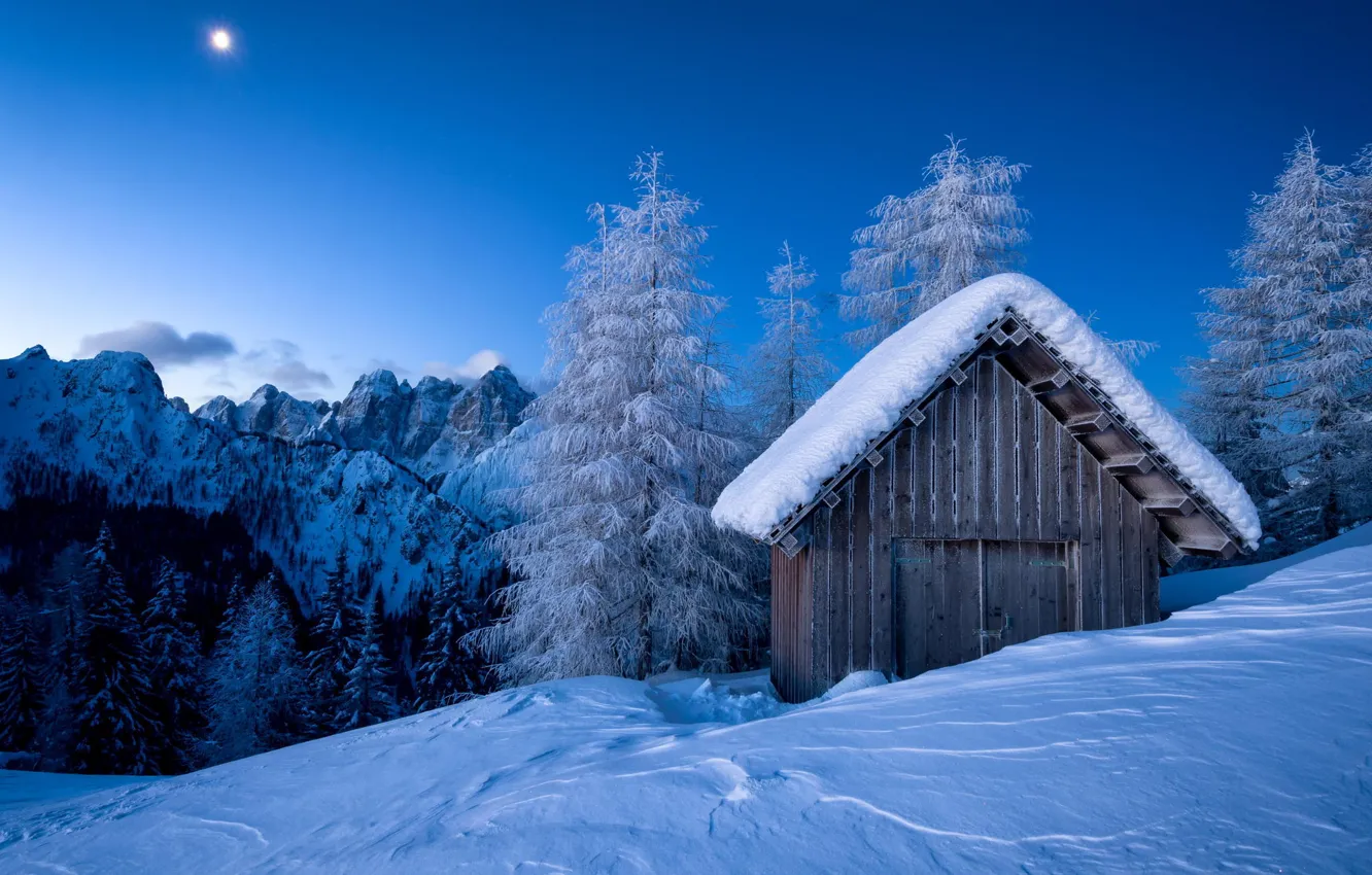Photo wallpaper winter, mountains, frost, the barn, the snow