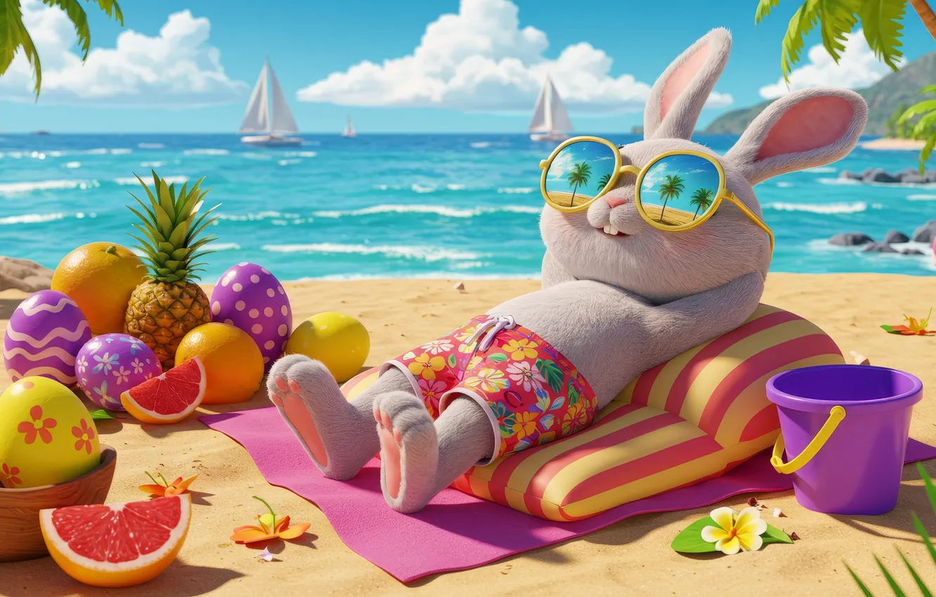 Photo wallpaper beach, rabbit, vacation, ai art