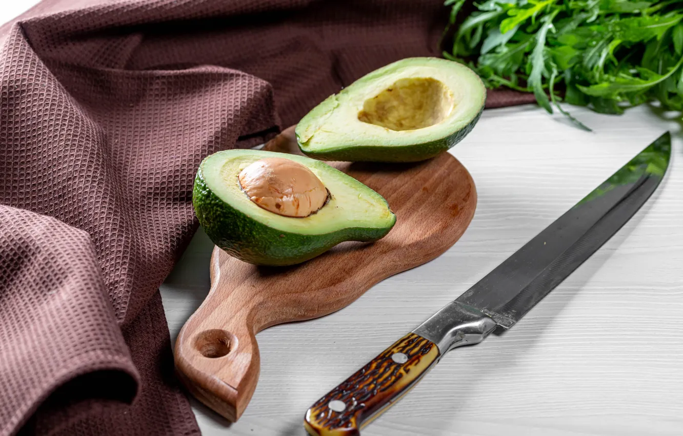 Photo wallpaper greens, table, knife, white background, fabric, fruit, halves, cut
