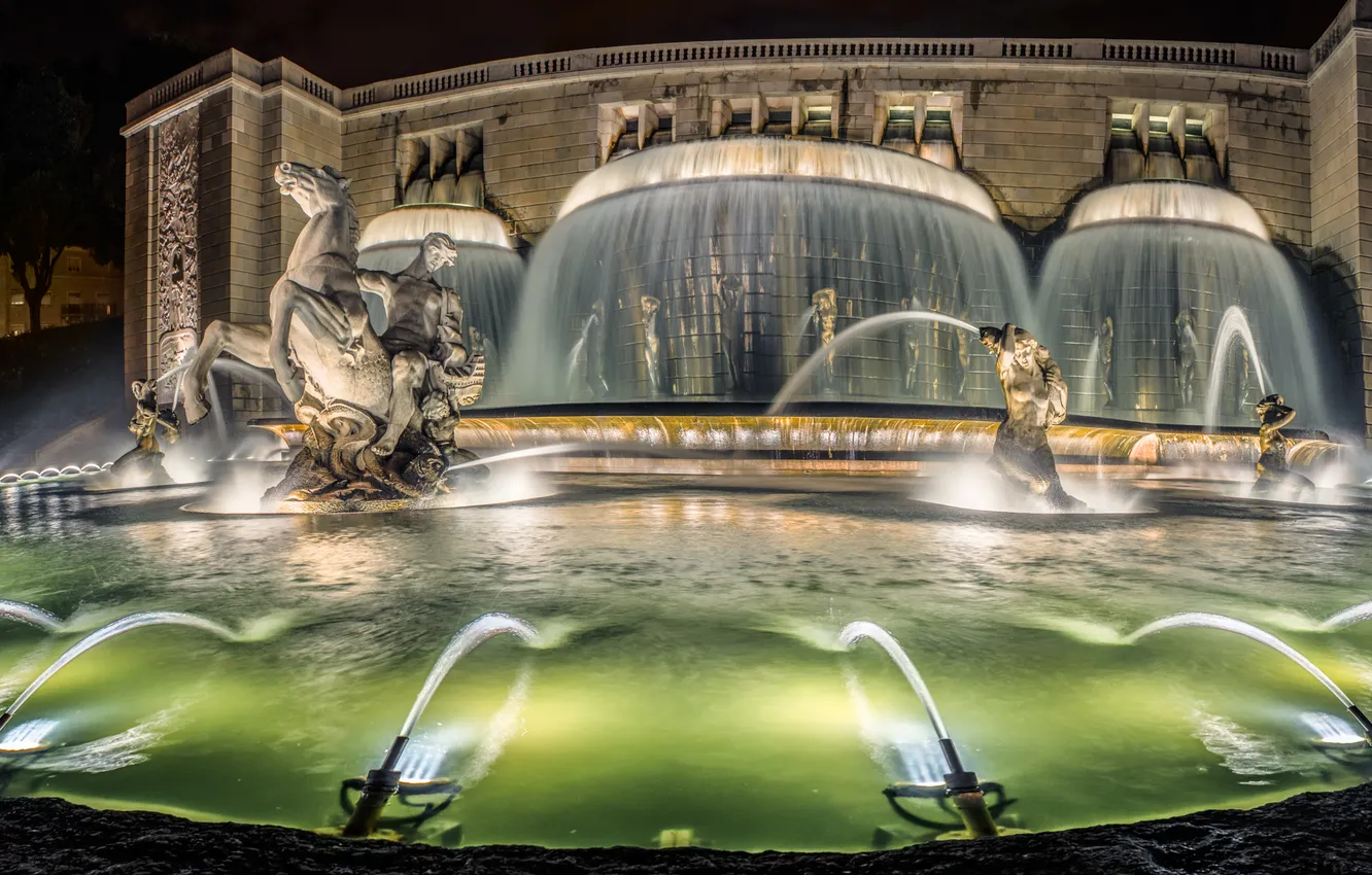 Photo wallpaper night, lights, Portugal, Lisbon, the monumental fountain, glowing fountain