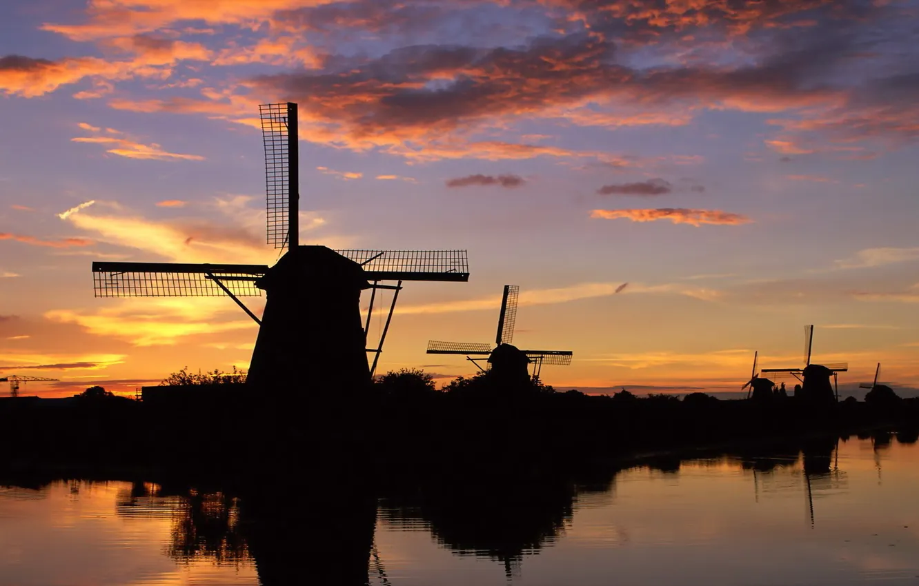 Photo wallpaper the sky, water, sunset, mill