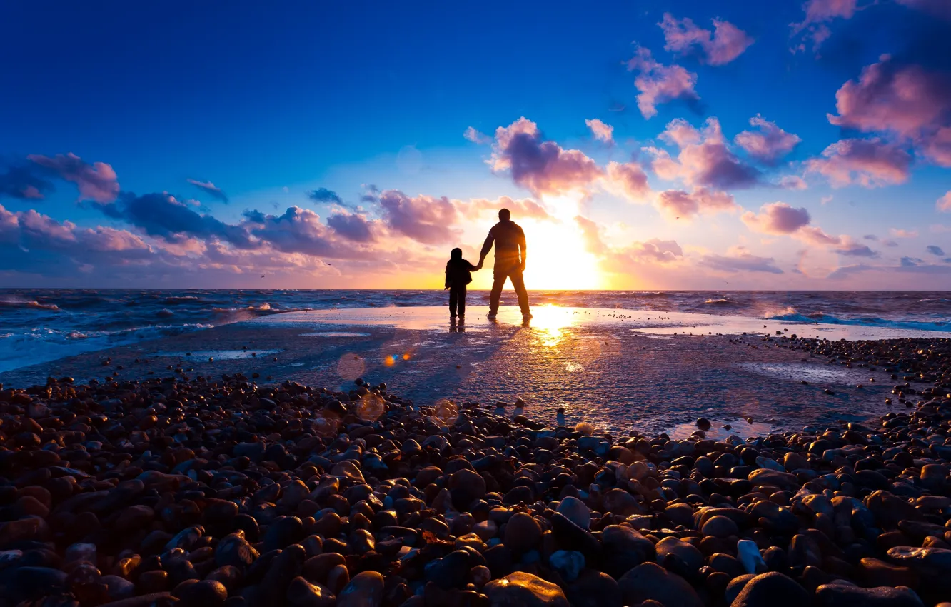 Photo wallpaper sea, beach, the sun, rays, light, sunset, stones, mood