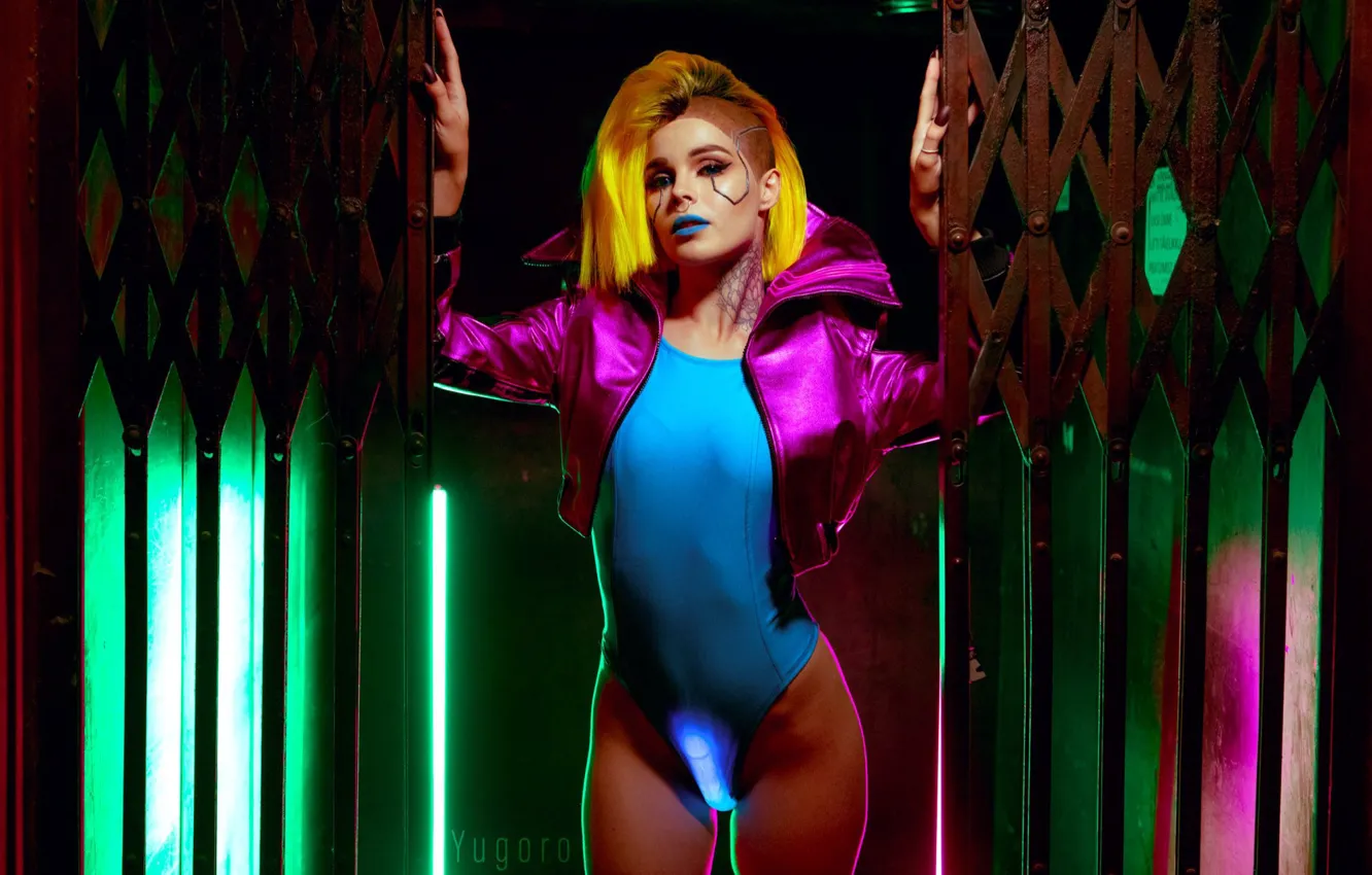 Photo wallpaper big Breasts, cosplay, cosplay, cute girl, Cyberpunk 2077, cute girl, big breasts, blue swimsuit