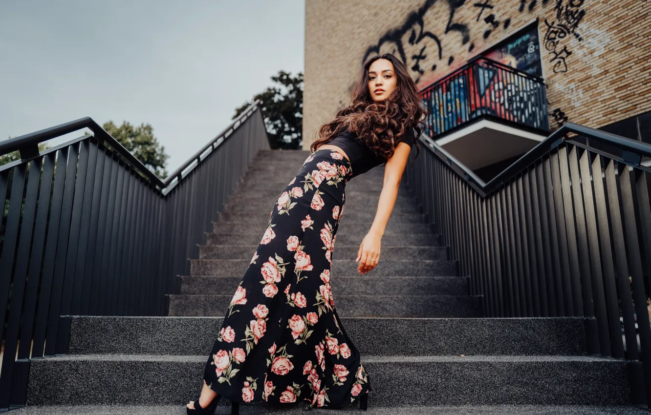 Photo wallpaper girl, pose, ladder, Laura