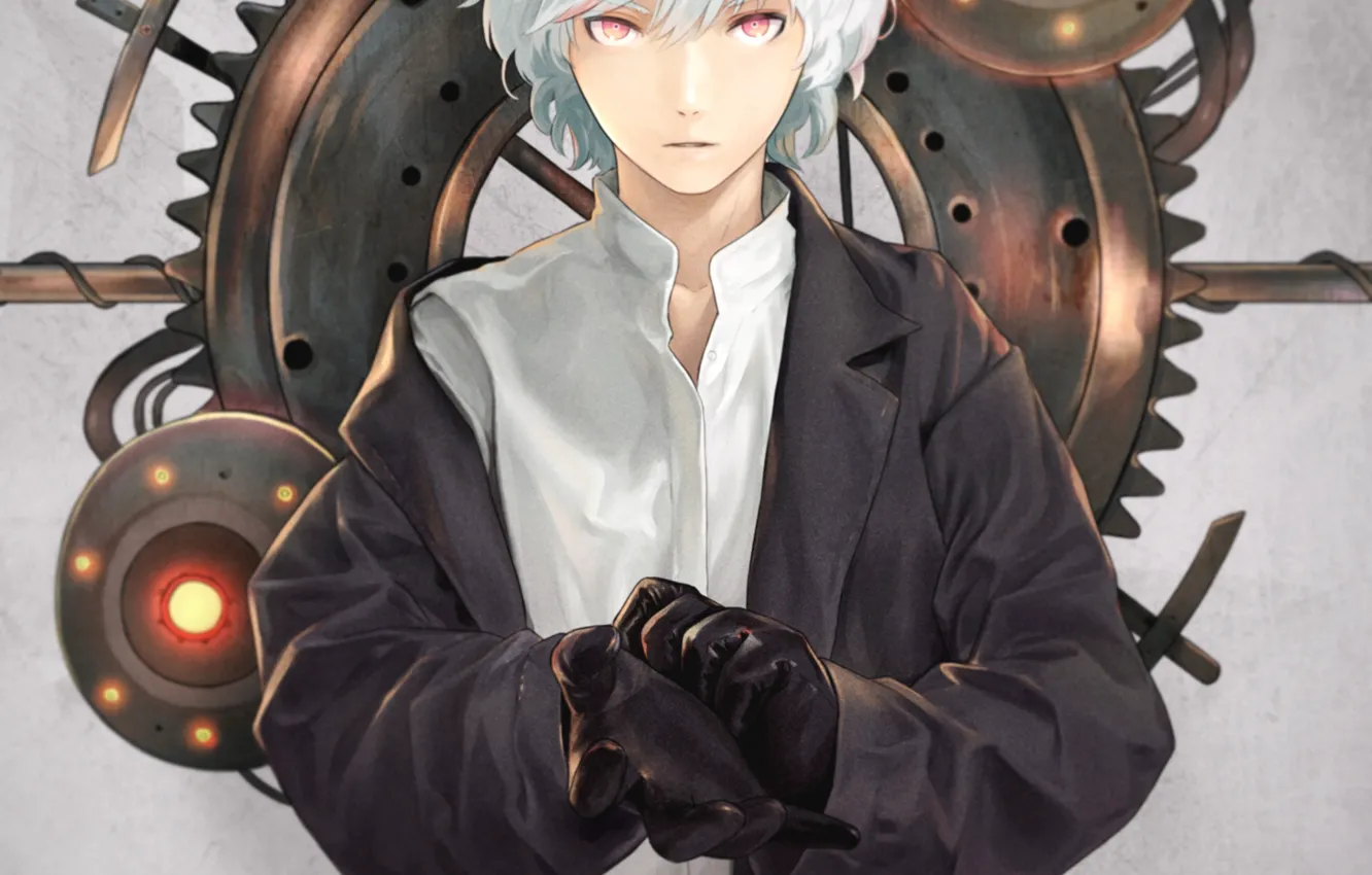 Photo wallpaper eyes, look, anime, art, gloves, guy, DRAMAtical Murder, determination