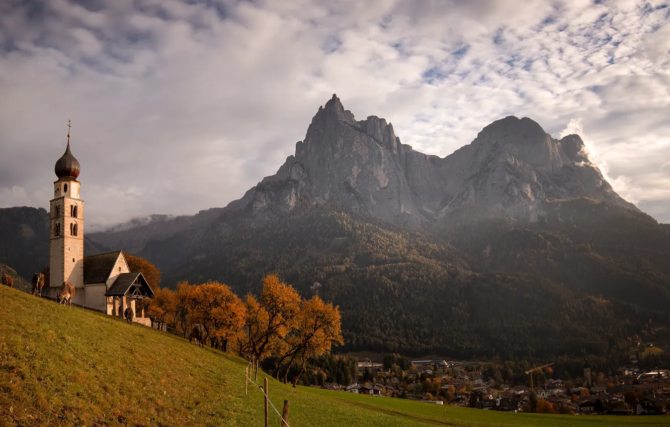 Photo wallpaper autumn, landscape, mountains, nature, slope, Italy, forest, the bell tower