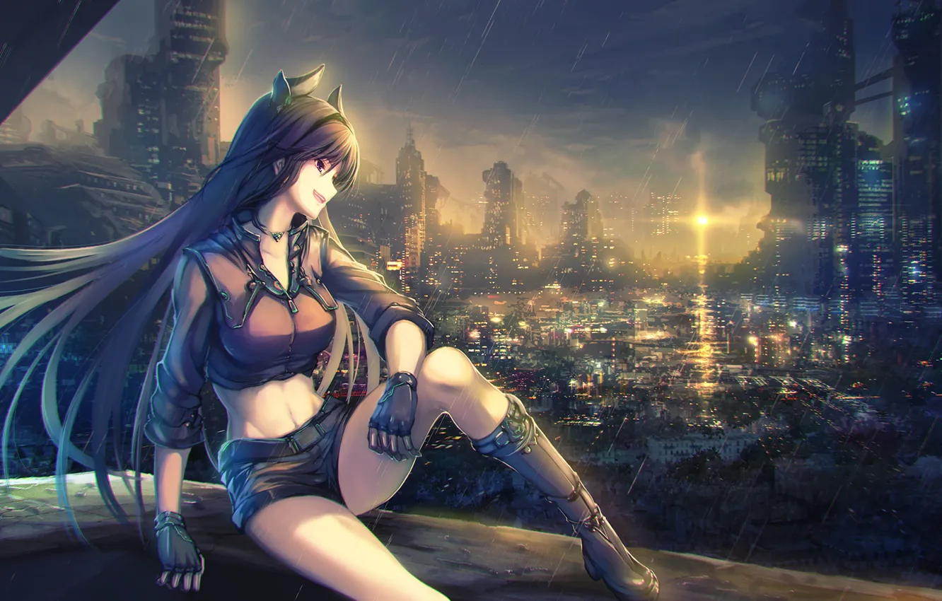 Photo wallpaper girl, night, the city, lights, horns