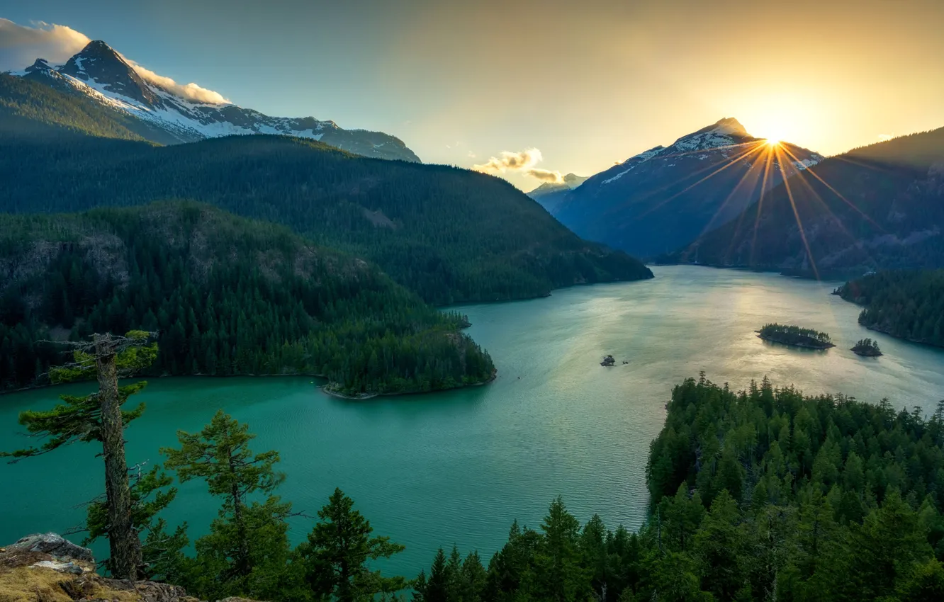 Photo wallpaper forest, the sun, mountains, lake, view, pond
