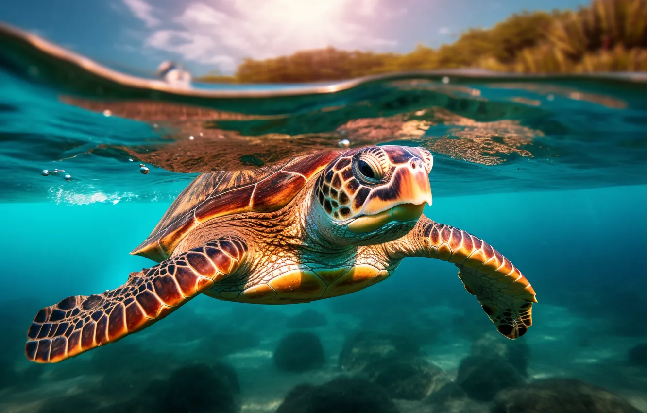 Photo wallpaper turtle, sea turtle, sea, AI art, neural network