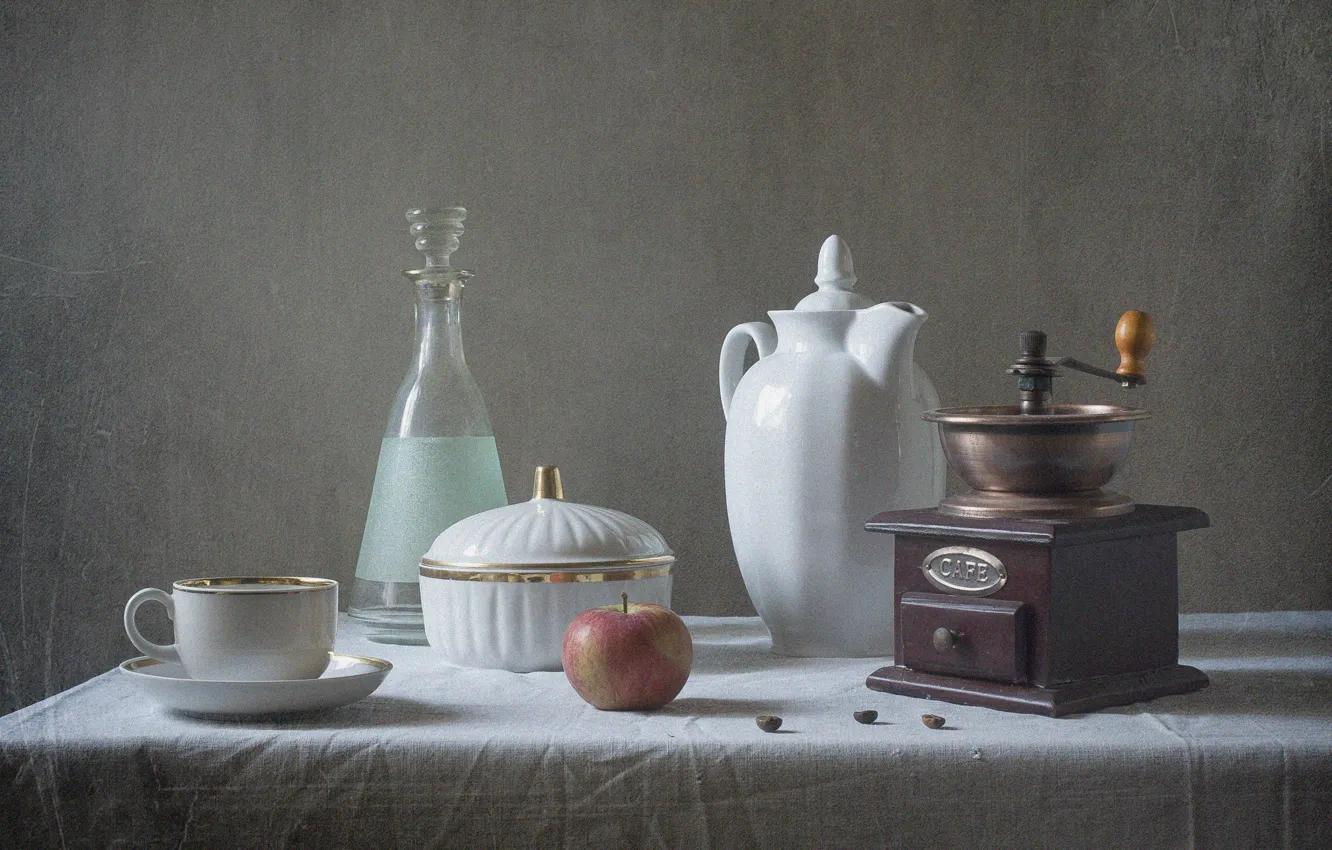 Photo wallpaper table, apples, kettle, Cup, dishes, still life, coffee beans, tablecloth
