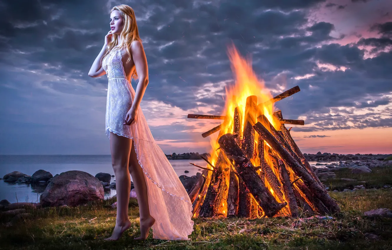 Photo wallpaper girl, shore, the fire, Ocean Shore Fantasy