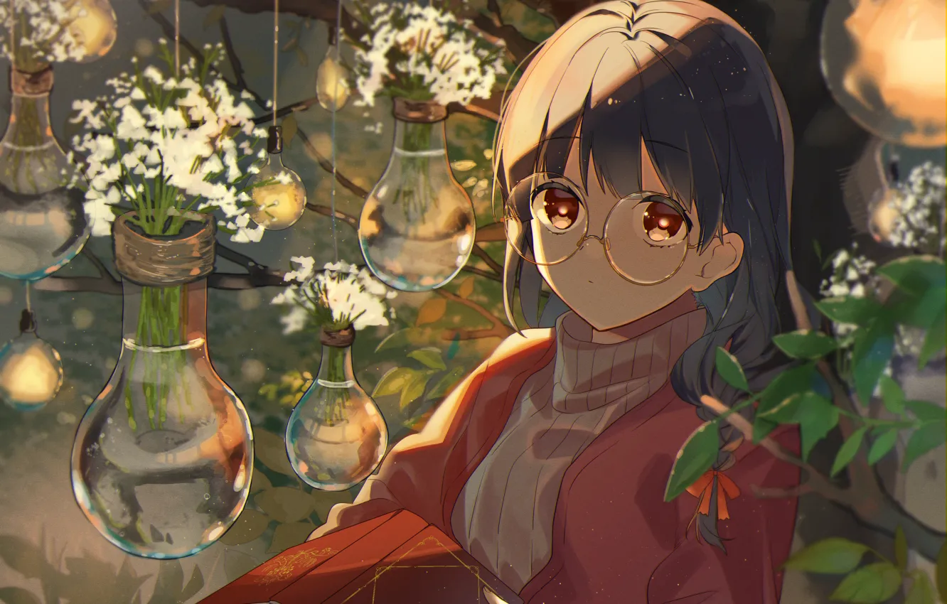 Photo wallpaper girl, glasses, book, greenhouse, omutatsu