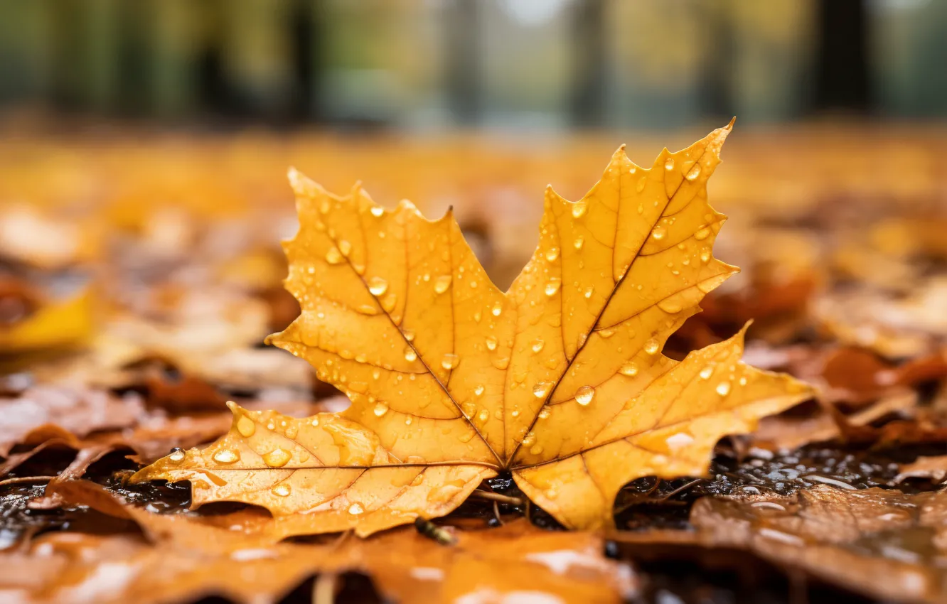Photo wallpaper autumn, leaves, water, drops, background, rain, maple, close-up