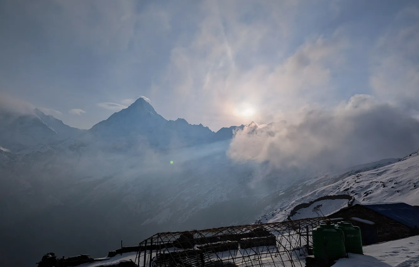 Photo wallpaper Nepal, mountains, Nepal, Old hangar, ruins in the mountains, the ruins