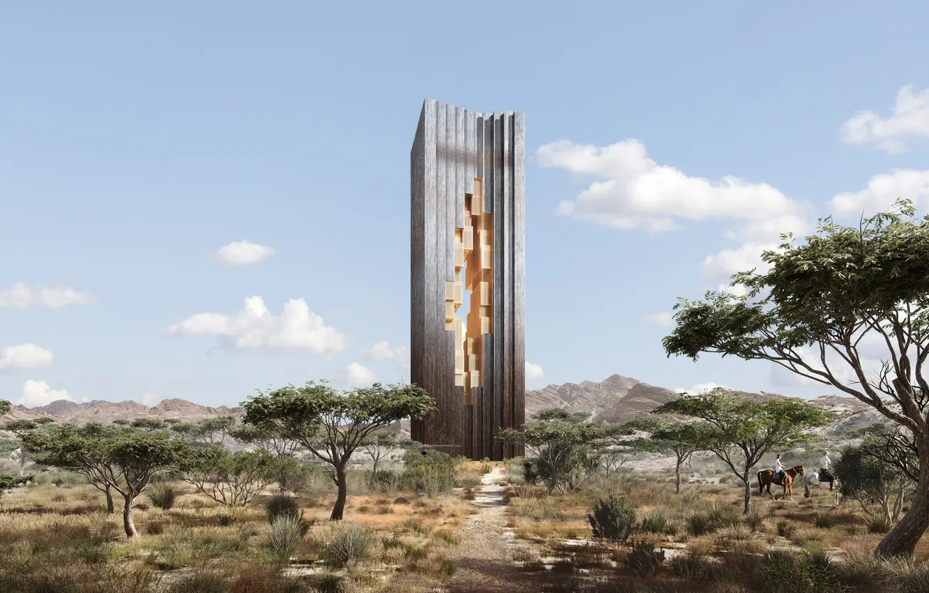 Photo wallpaper tower, sky, trees, Saudi Arabia, neom, zardun, your