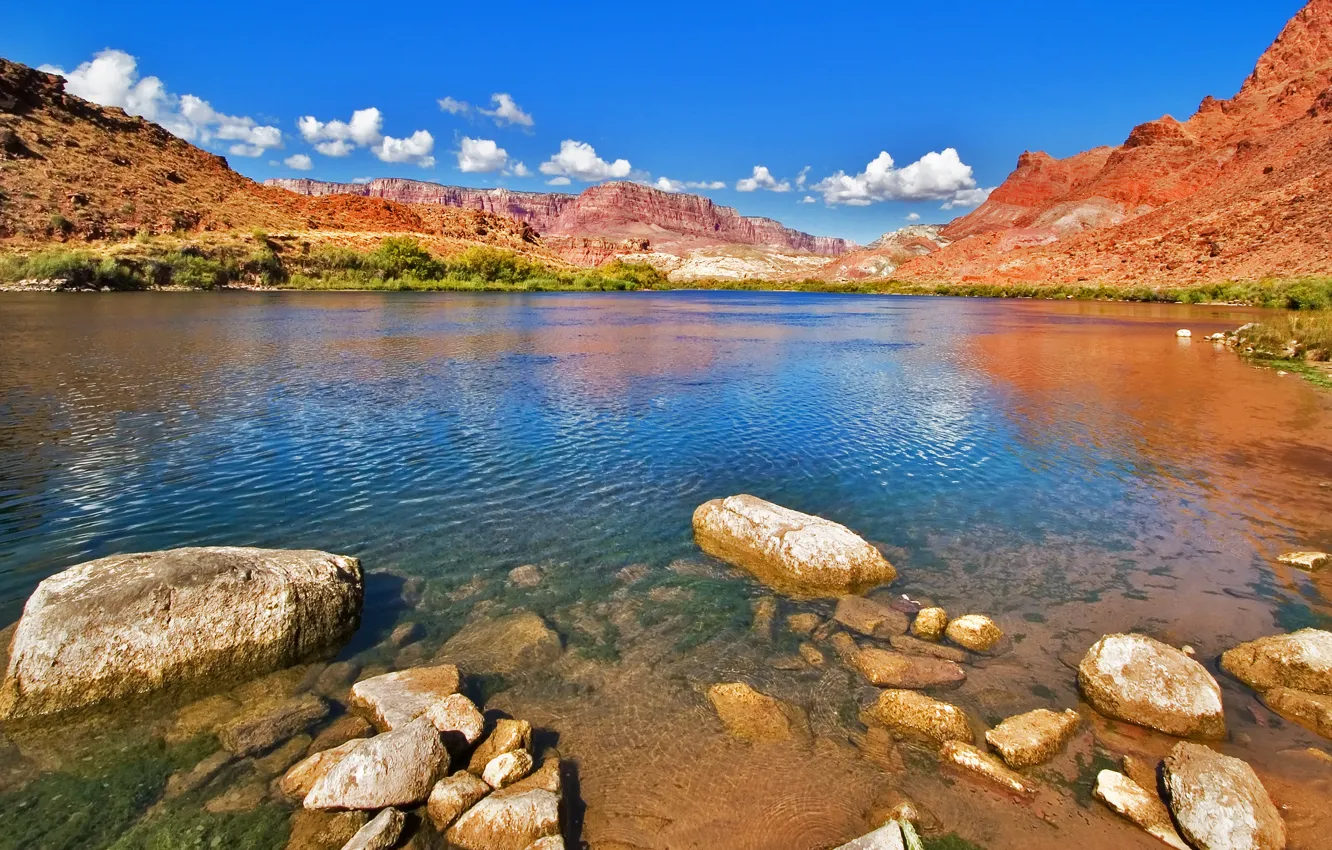 Photo wallpaper river, rocks, Colorado, outliers, Colorado river and cliffs blue sky