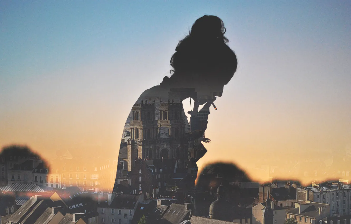 Photo wallpaper girl, smoking, cityscape
