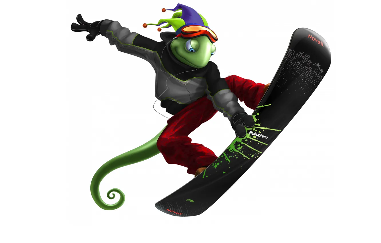 Photo wallpaper lizard, snowboarder, Novell, SUSE Linux geeko