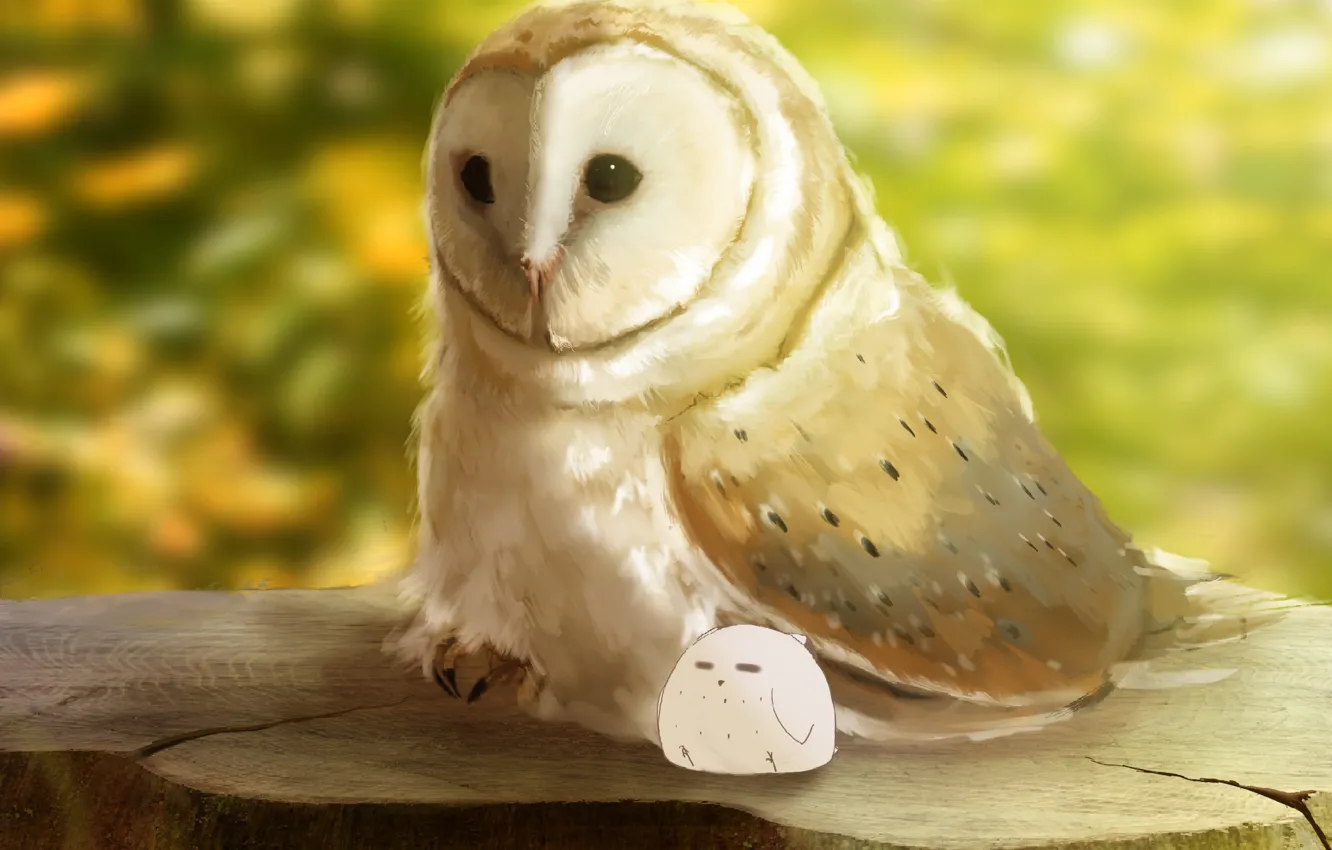 Photo wallpaper owl, stump, owlet