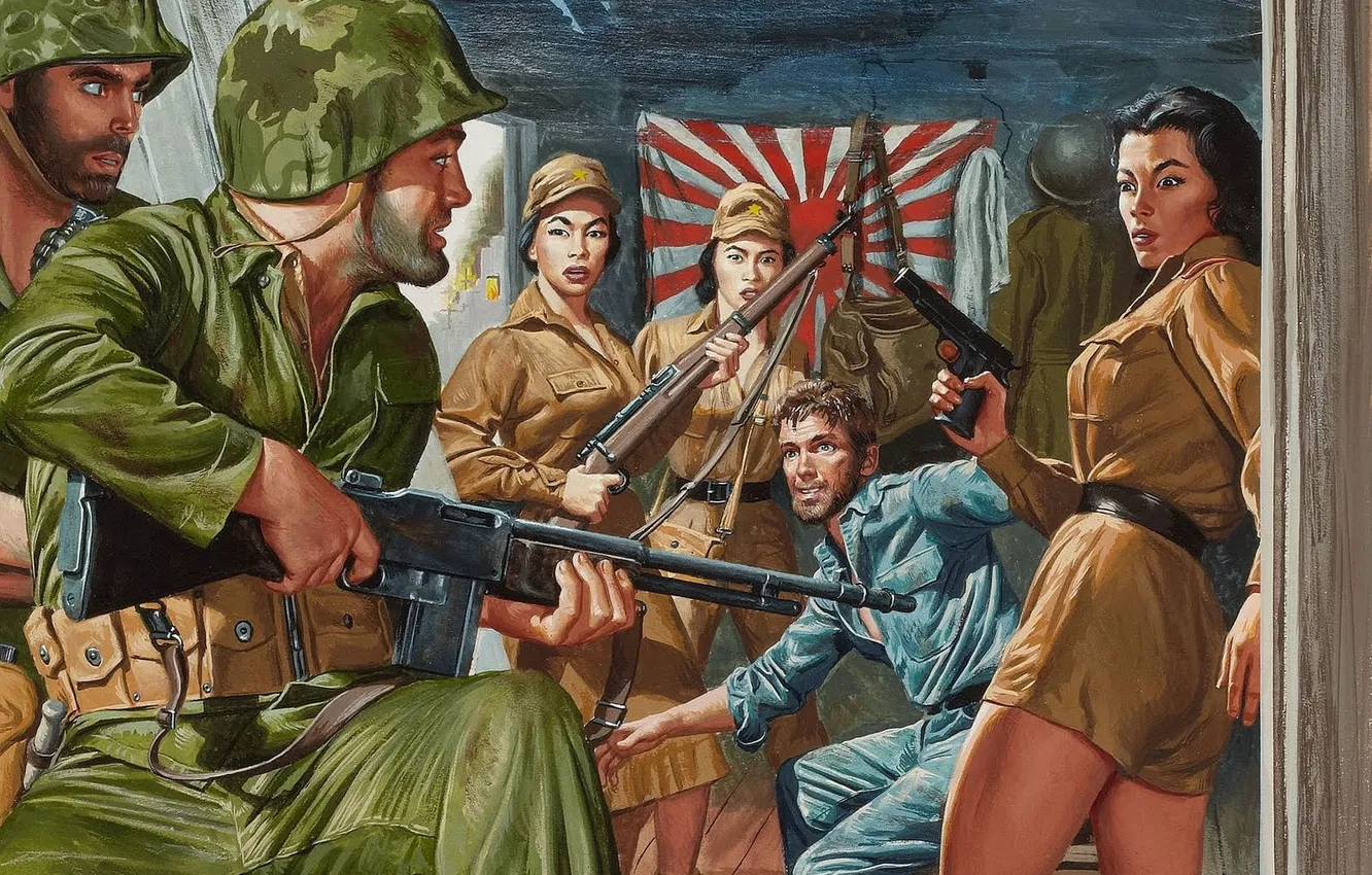 Photo wallpaper weapons, girls, figure, flag, art, release, prisoner, American soldiers