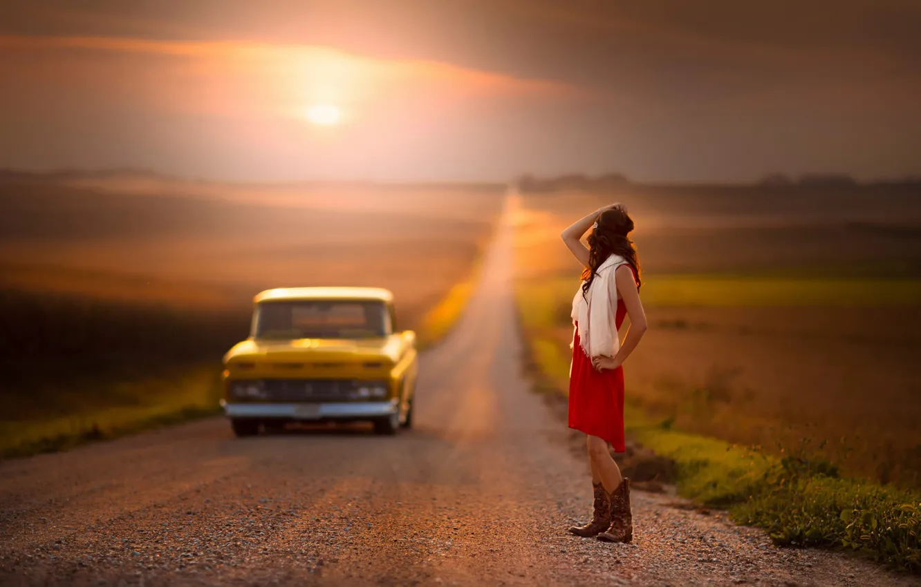 Photo wallpaper road, machine, girl, space, hitchhiking, child